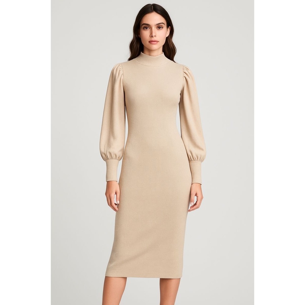Almost Famous Beige Puff Sleeve Mock Neck Ribbed Sweater Dress Women L Midi‎